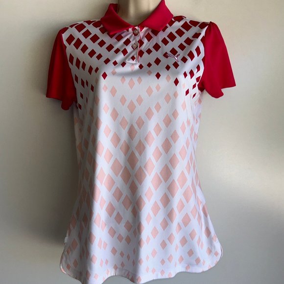 PUMA GOLF Women's Pink White Red Print Polo Shirt Size Small ~ EUC - Picture 1 of 11
